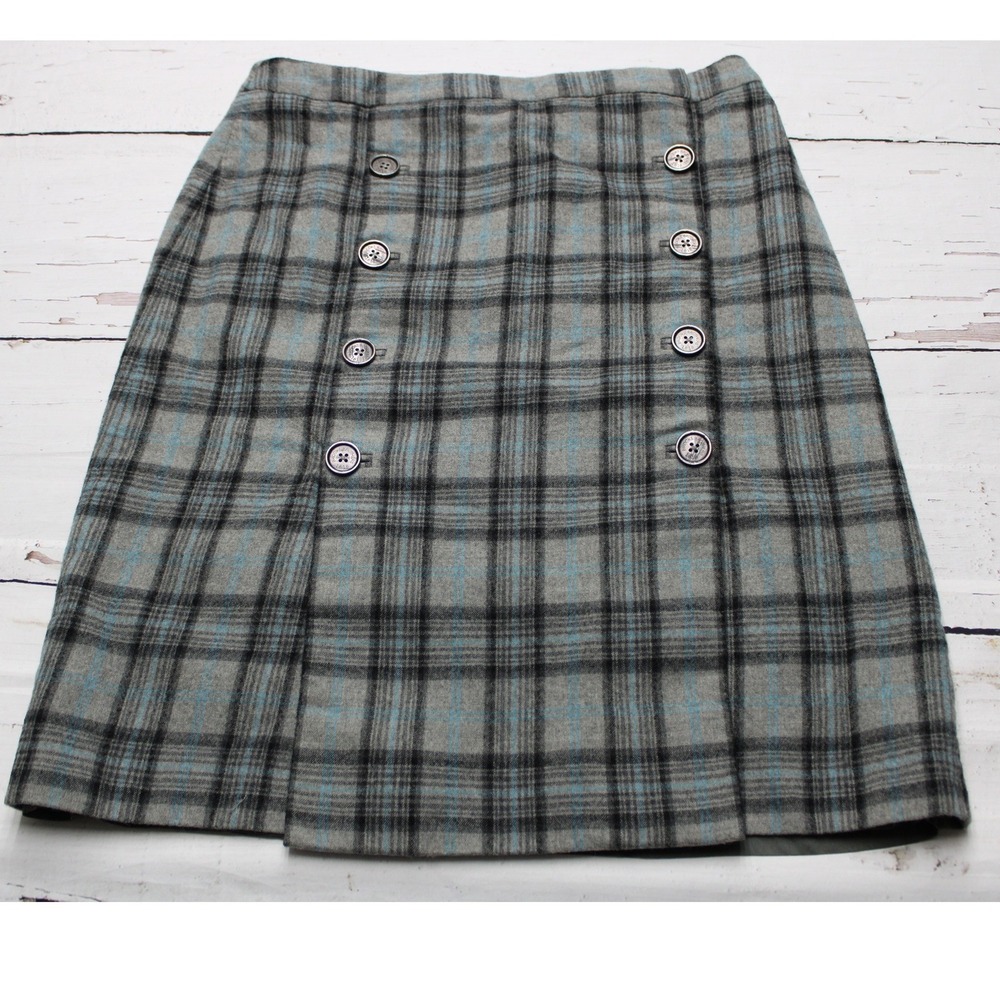 Brooks Brothers 346 Grey Plaid Wool Blend Double Breasted A-Line Skirt Size 12